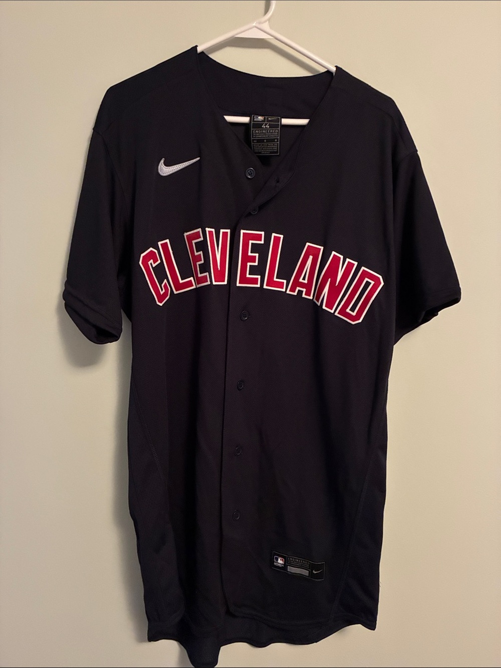 Nike Black Cleveland Men's Baseball Jersey with Red Lettering